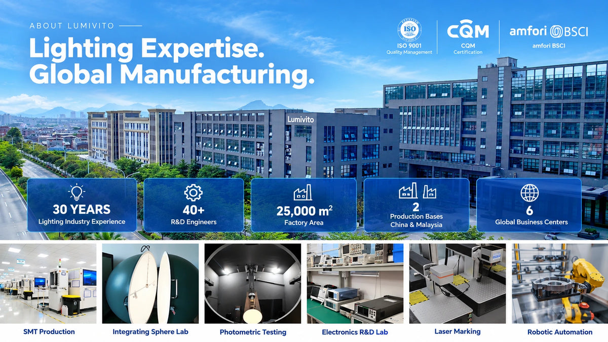 Lumivito manufacturing capabilities: 30 years of lighting experience, 40+ R&D engineers, 25,000 square meters of factory space, production bases in China and Malaysia, and six global business centers.
